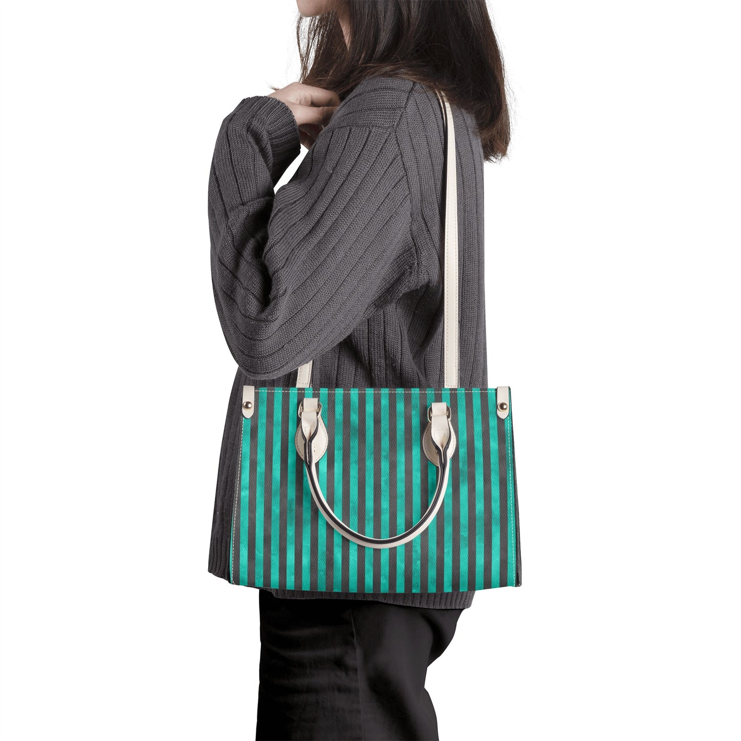 Green Striped Top Handle Women Handbag