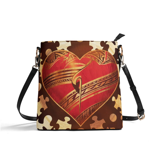 Heart with Puzzle Austism Awareness Womens PU Bucket Bag Shoulder Bag