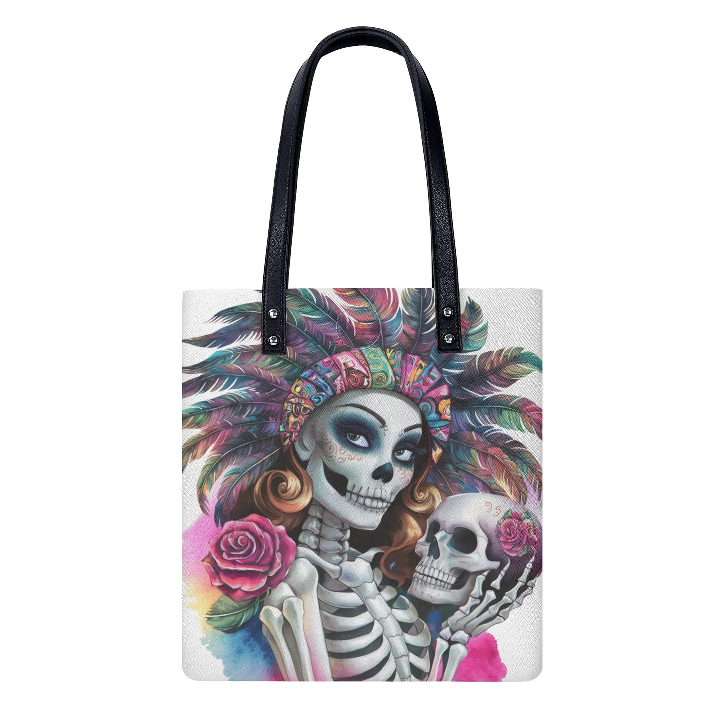 Tribal Feather Skeleton Rose Tote Leather Bag