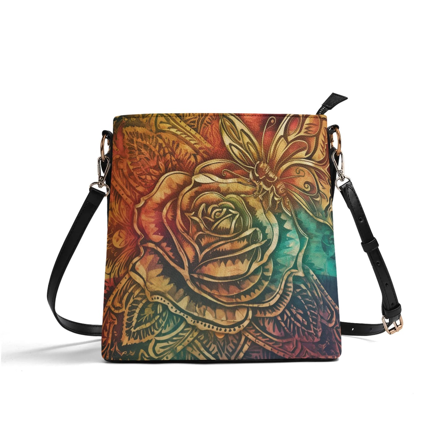 Rose With Butterfly Bohemian Pattern Colorful Womens PU Bucket Bag Shoulder Bag