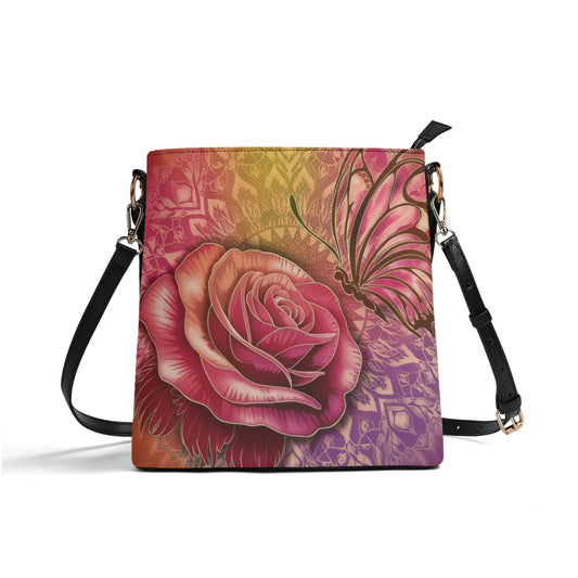 Rose Colorful Tribal Pattern Butterfly Womens PU Bucket Bag Shoulder Bag