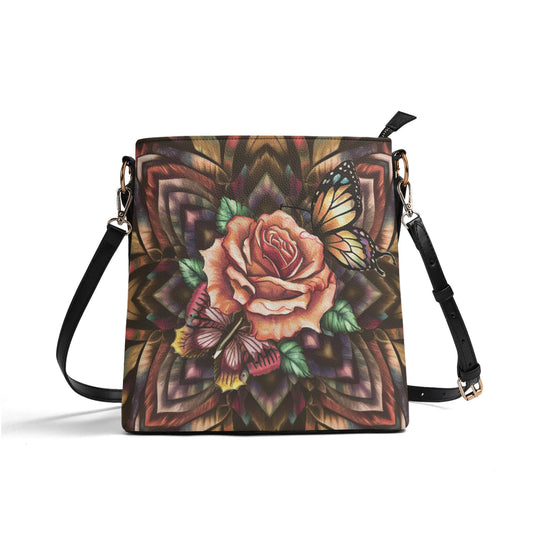 Rose With Butterfly Tribal Pattern Colorful Womens PU Bucket Bag Shoulder Bag