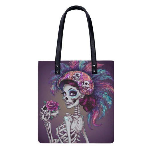 Tribal Feather Skeleton Rose Tote Leather Bag