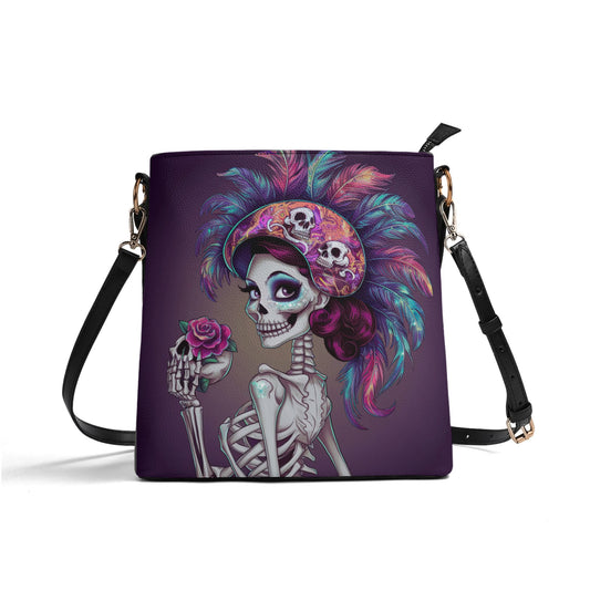 Watercolor Skeleton Gothic Style with Heart Womens PU Bucket Bag Shoulder Bag