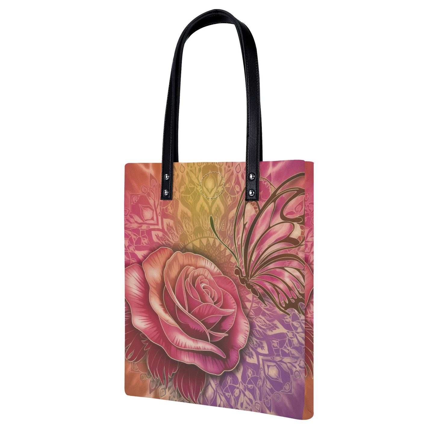 Rose Butterfly Tribal PAttern Watercolor Tote Leather bag