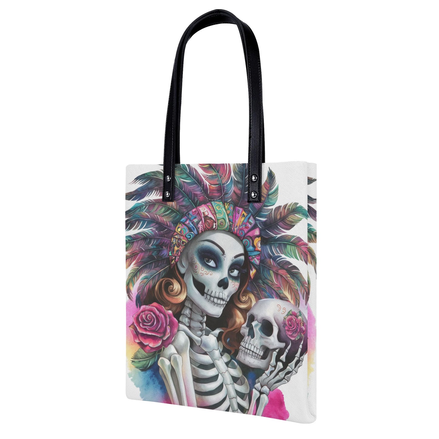 Tribal Feather Skeleton Rose Tote Leather Bag