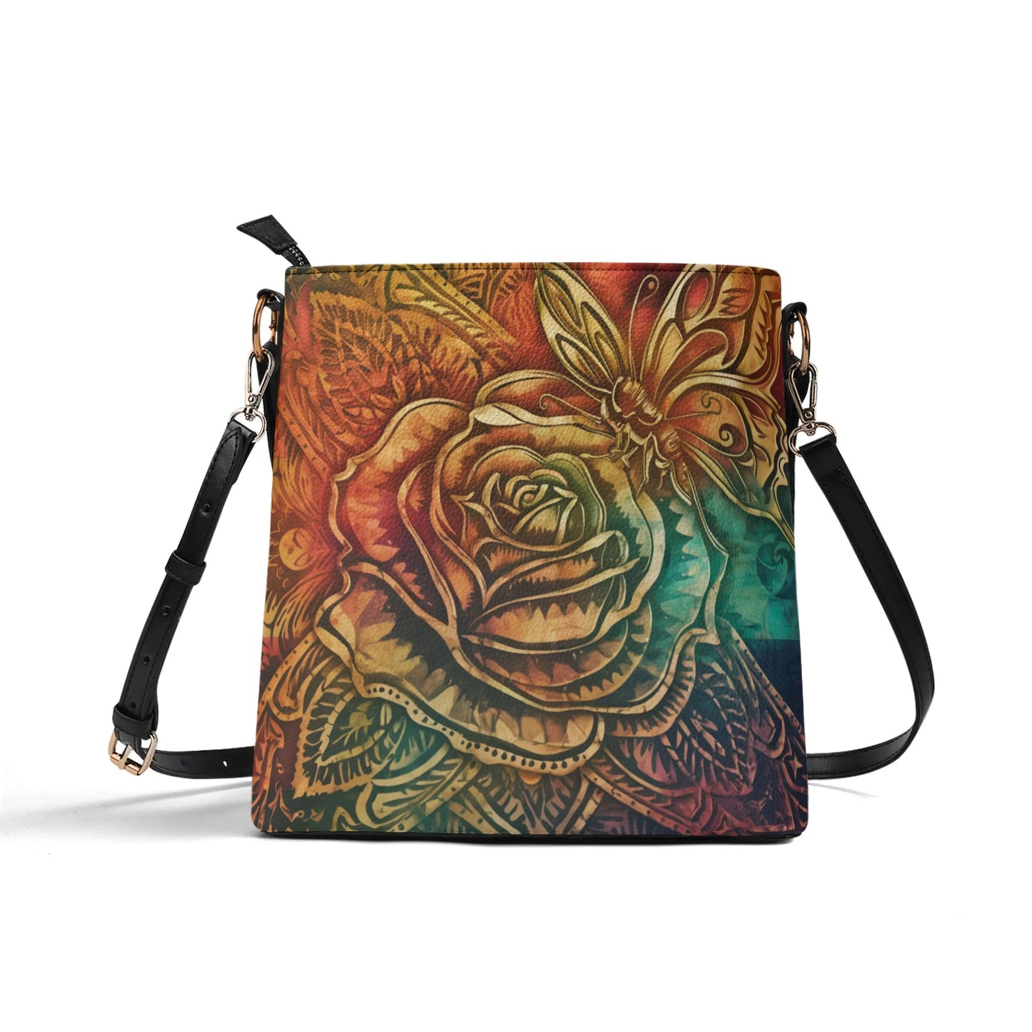 Rose With Butterfly Bohemian Pattern Colorful Womens PU Bucket Bag Shoulder Bag