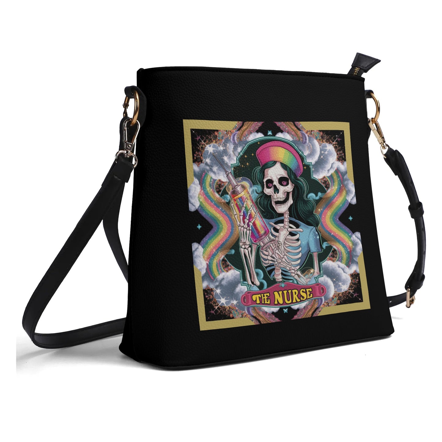 Colorful Hippie Skeleton Nurse Womens PU Bucket Bag Shoulder Bag