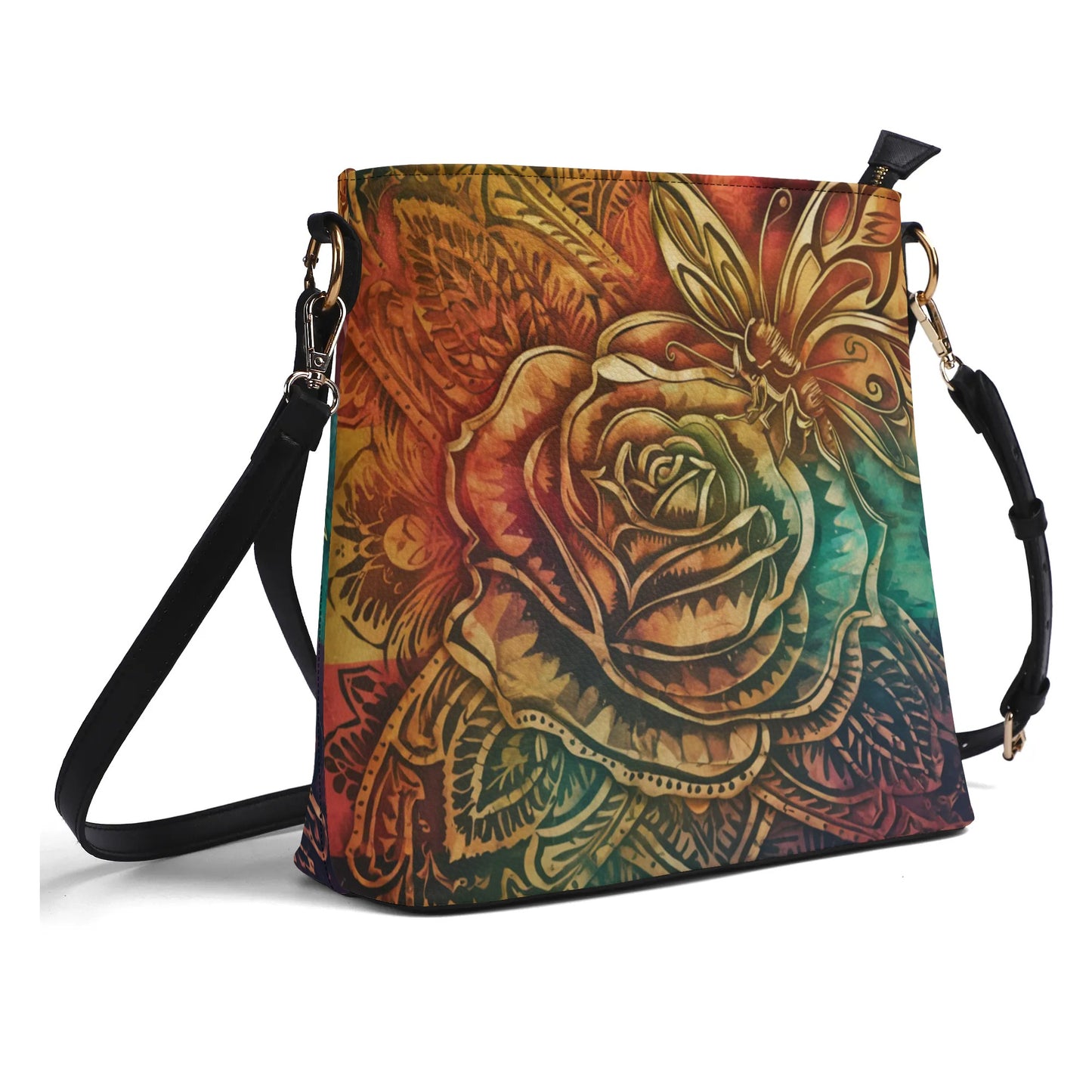 Rose With Butterfly Bohemian Pattern Colorful Womens PU Bucket Bag Shoulder Bag