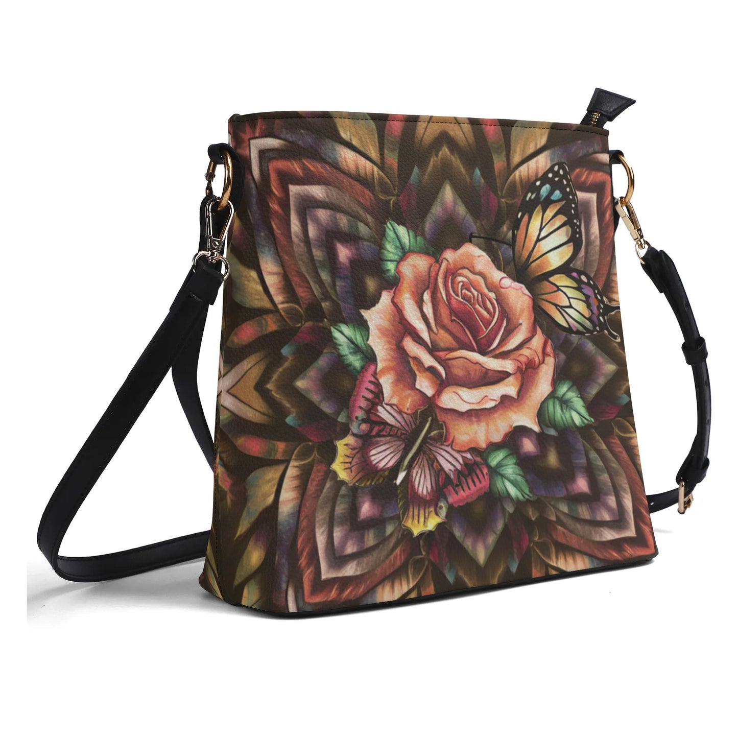 Rose With Butterfly Tribal Pattern Colorful Womens PU Bucket Bag Shoulder Bag