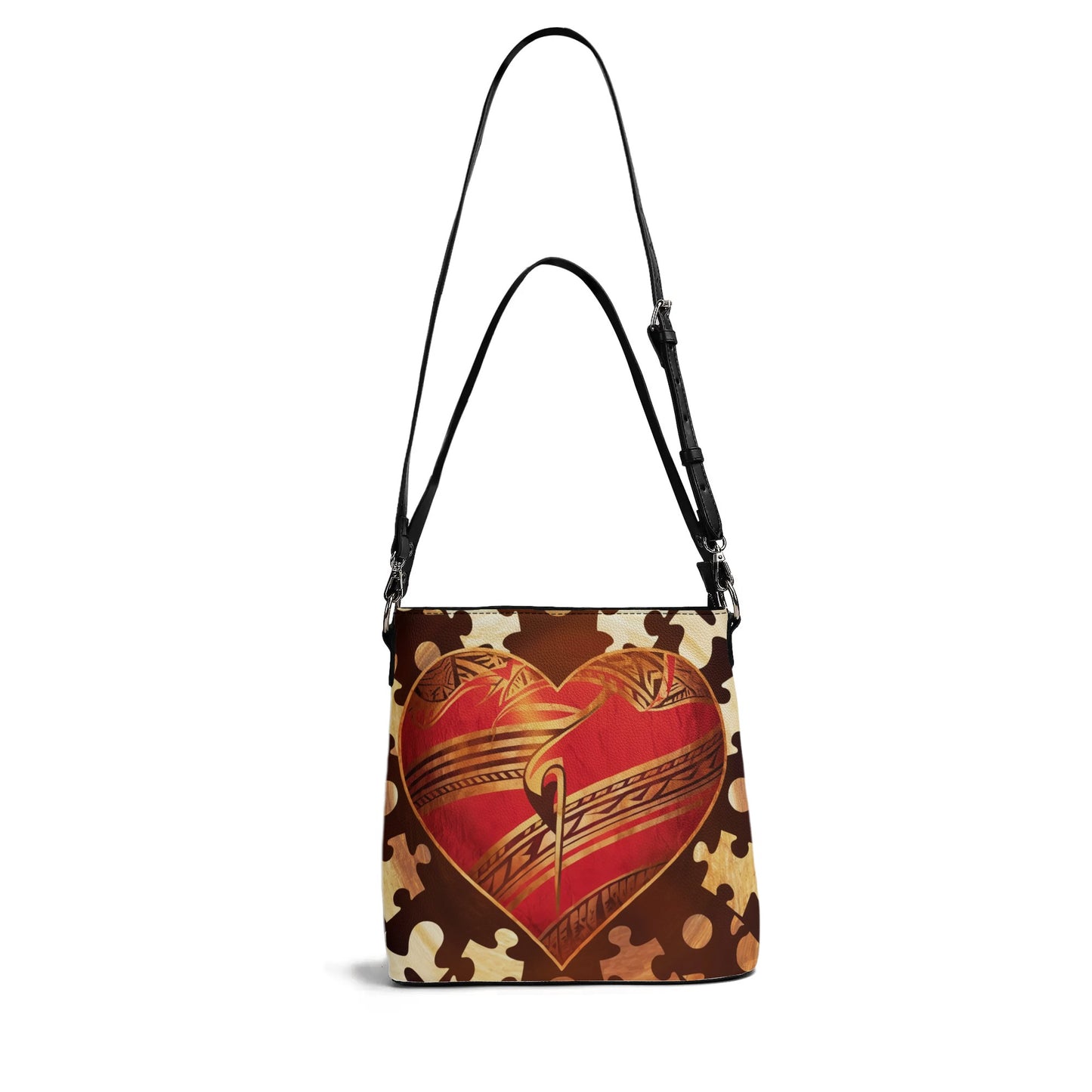 Heart with Puzzle Austism Awareness Womens PU Bucket Bag Shoulder Bag