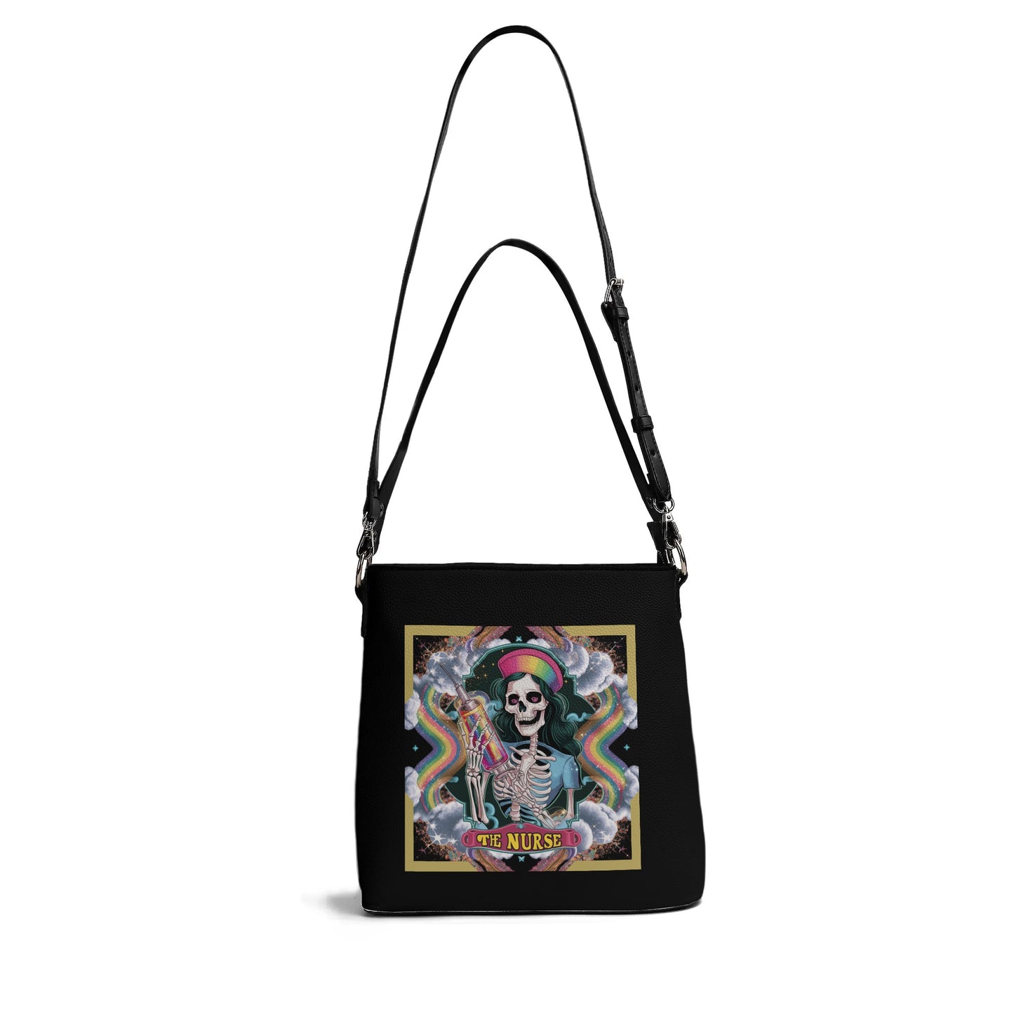 Colorful Hippie Skeleton Nurse Womens PU Bucket Bag Shoulder Bag