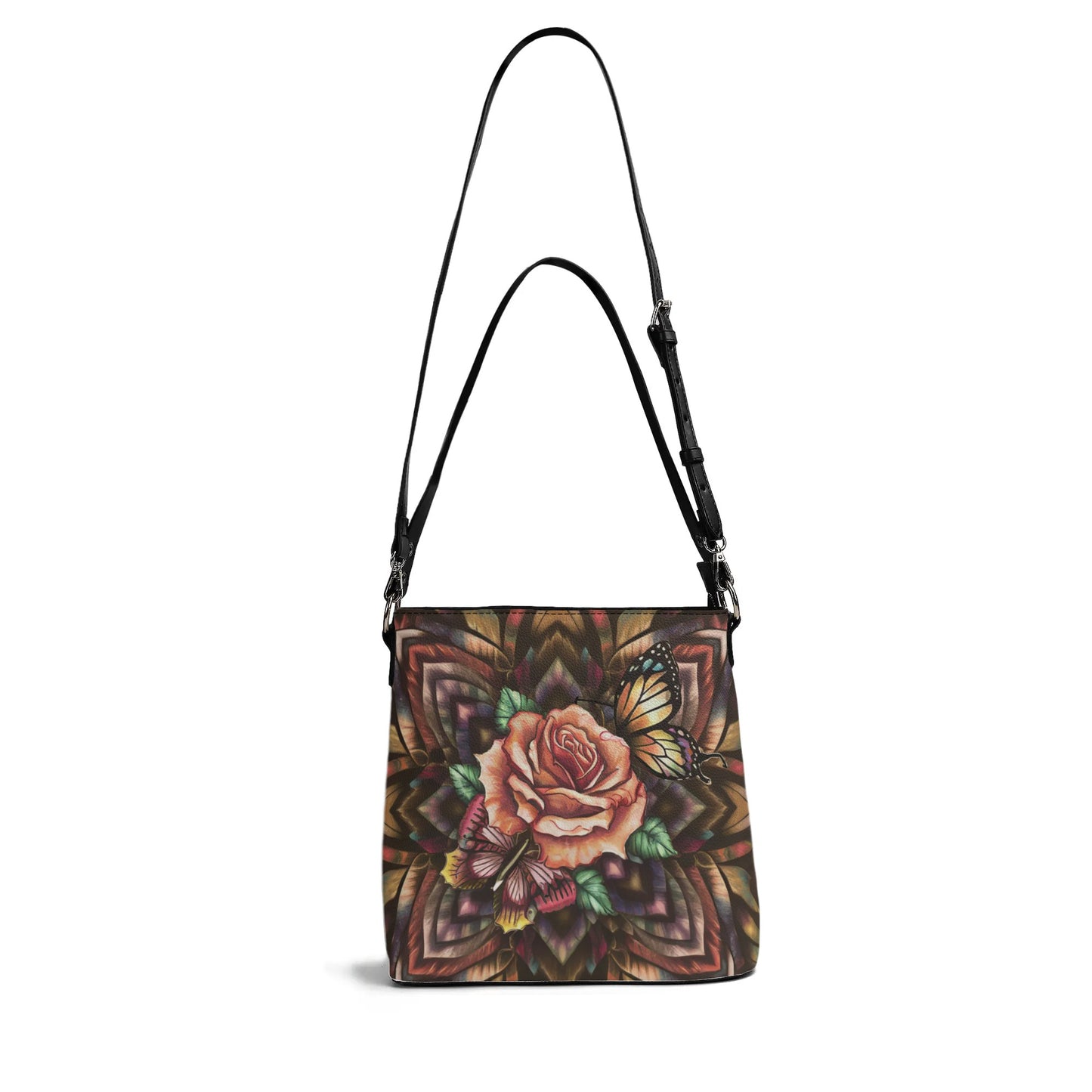 Rose With Butterfly Tribal Pattern Colorful Womens PU Bucket Bag Shoulder Bag