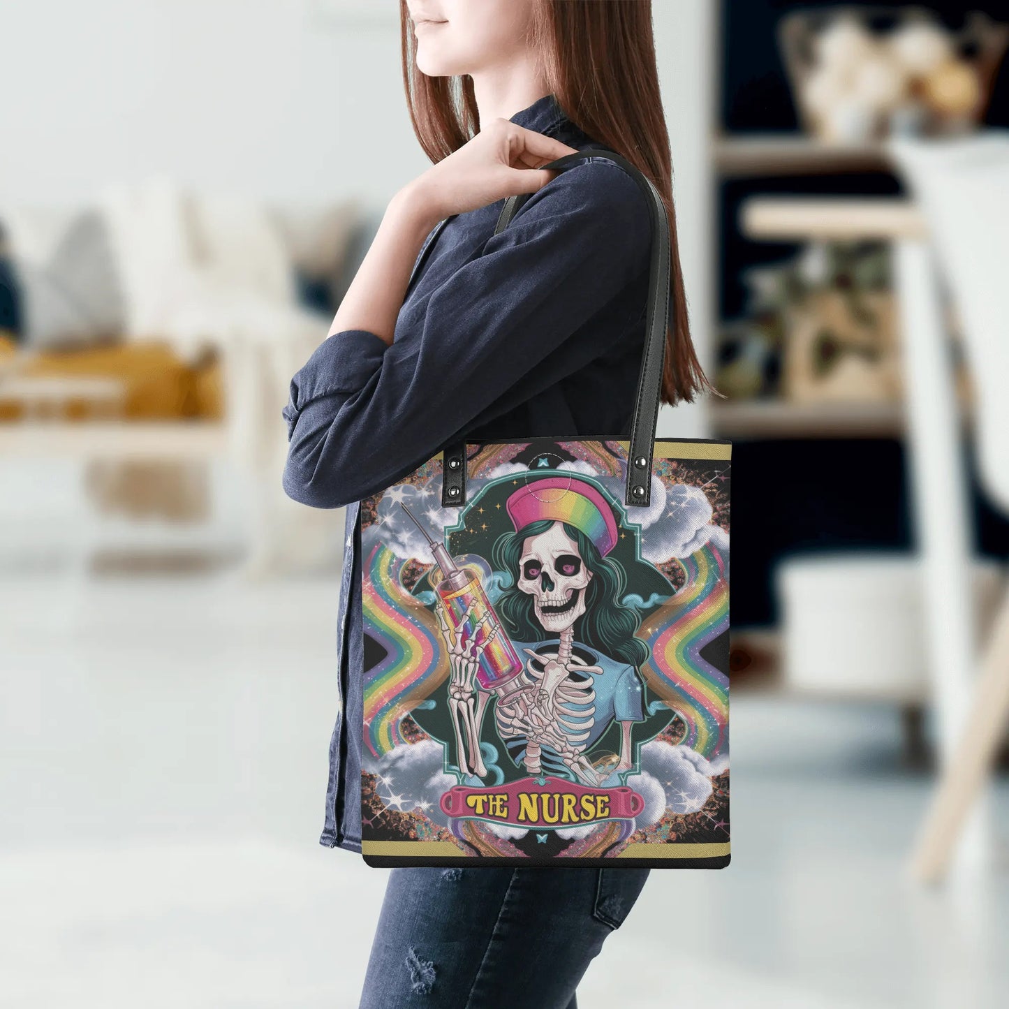 Nurse Skeleton Colorful Tote Women Leather Bag