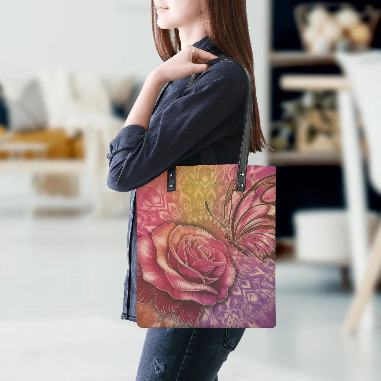 Rose Butterfly Tribal PAttern Watercolor Tote Leather bag
