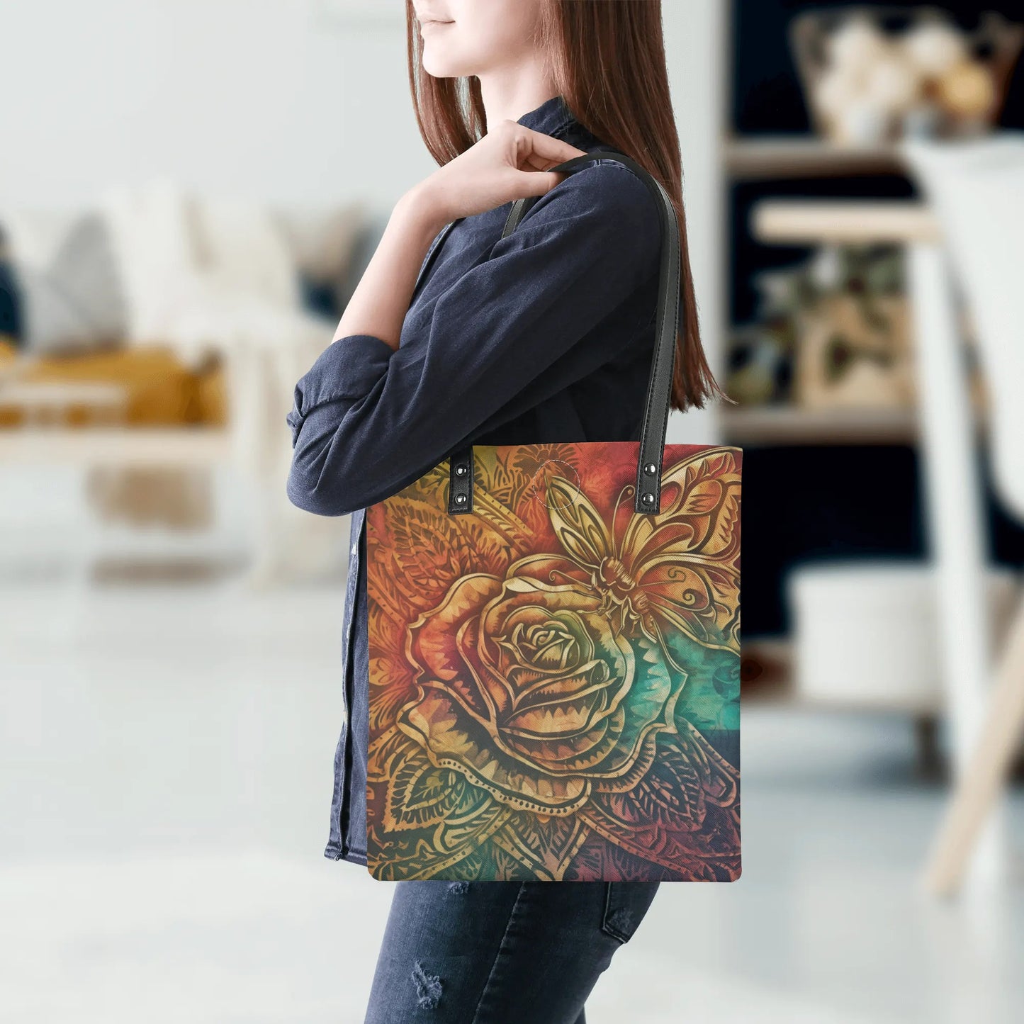 Rose Tribaln Butterfly Colorful Tote Leather Handbag