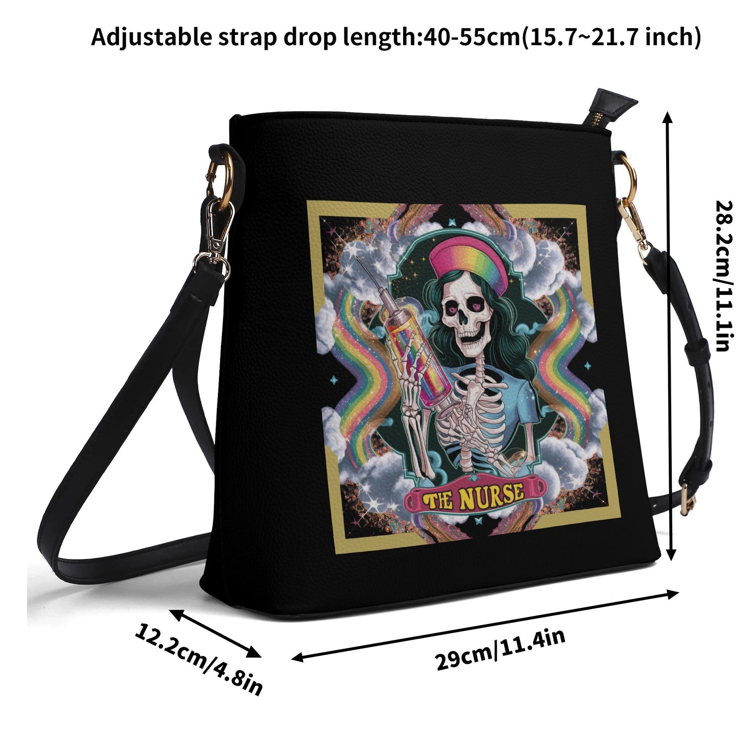 Colorful Hippie Skeleton Nurse Womens PU Bucket Bag Shoulder Bag