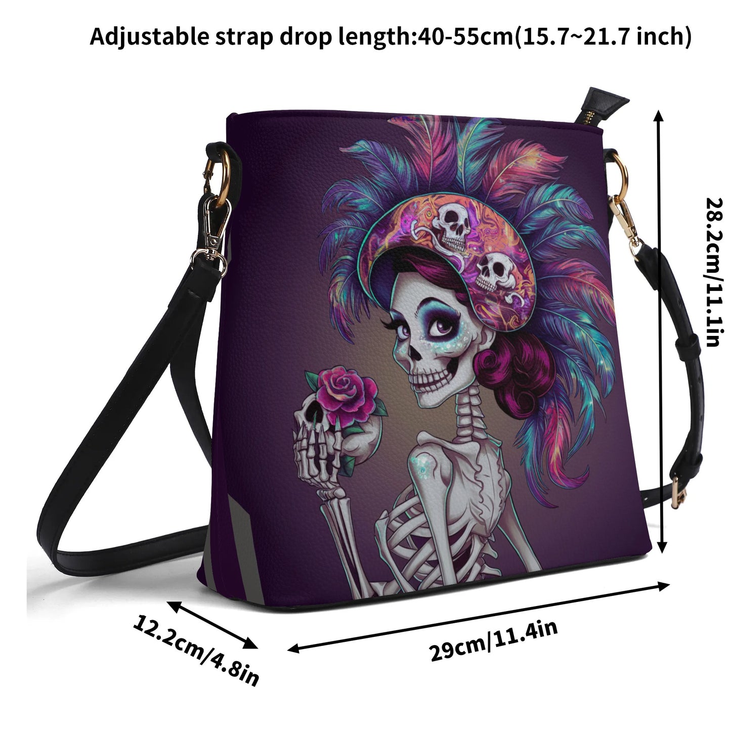 Watercolor Skeleton Gothic Style with Heart Womens PU Bucket Bag Shoulder Bag