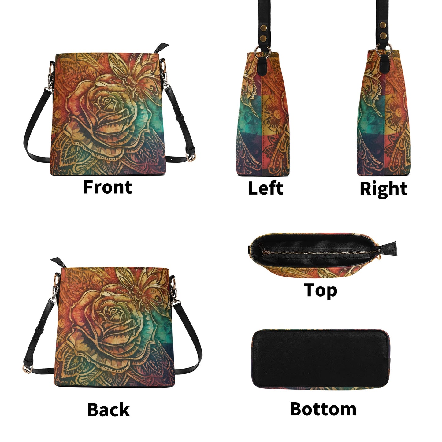 Rose With Butterfly Bohemian Pattern Colorful Womens PU Bucket Bag Shoulder Bag