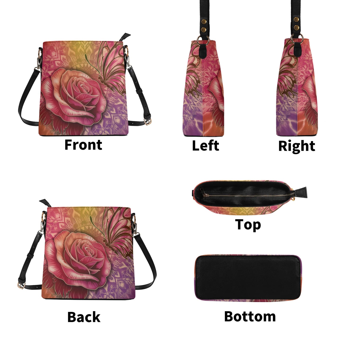 Rose Colorful Tribal Pattern Butterfly Womens PU Bucket Bag Shoulder Bag