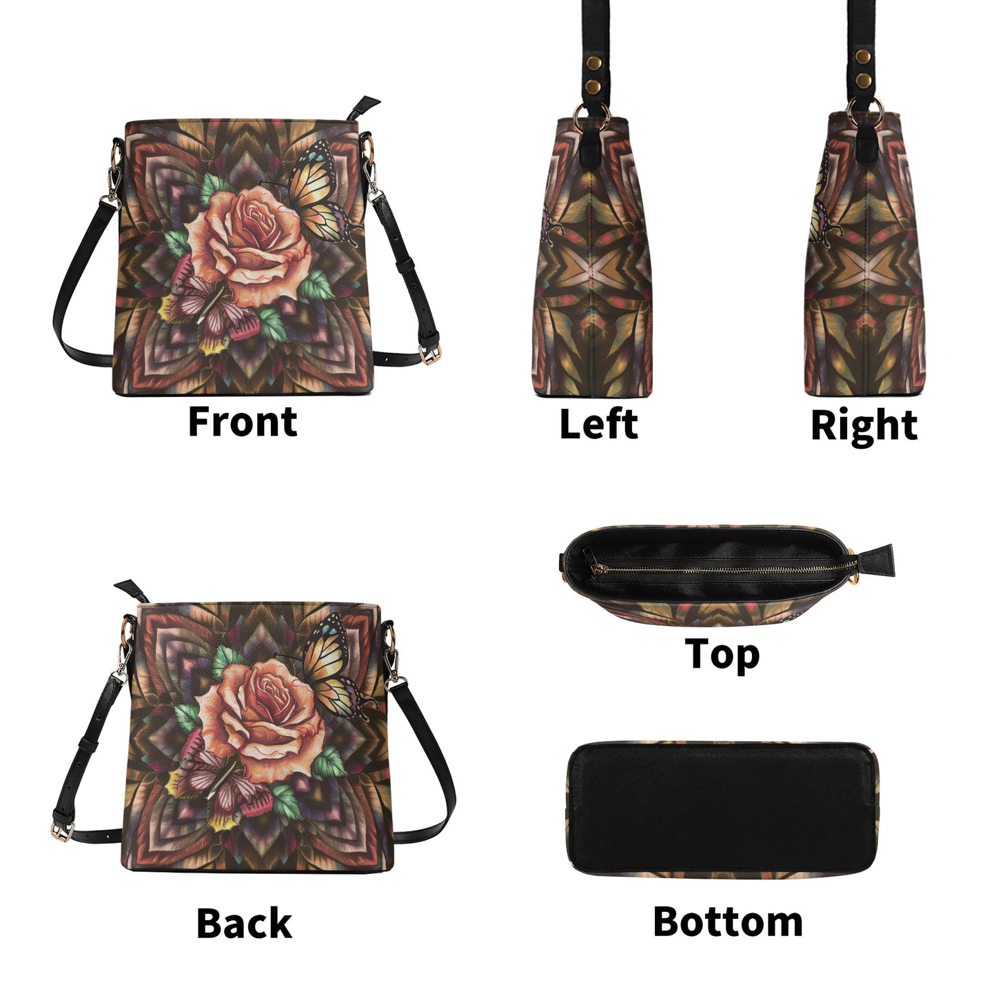 Rose With Butterfly Tribal Pattern Colorful Womens PU Bucket Bag Shoulder Bag