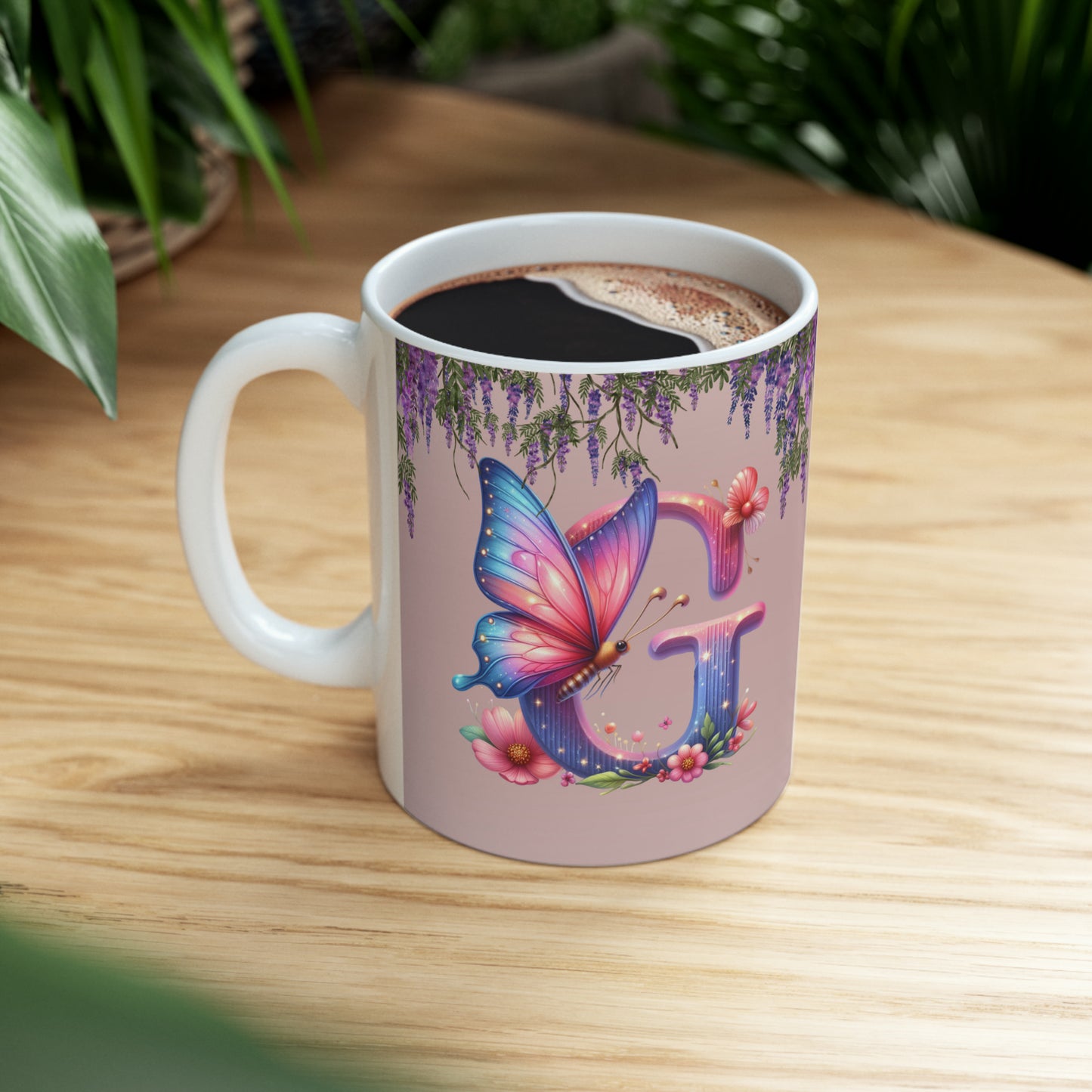 Garden Delight: Graceful Butterfly Letter G - Spring Mug