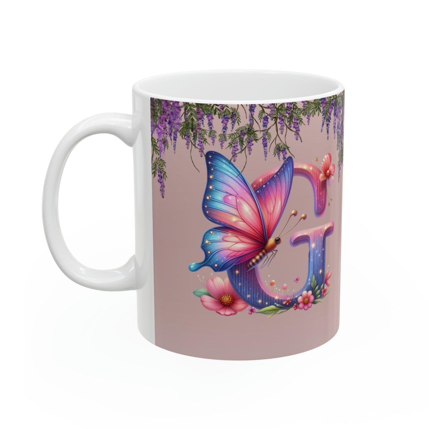 Garden Delight: Graceful Butterfly Letter G - Spring Mug